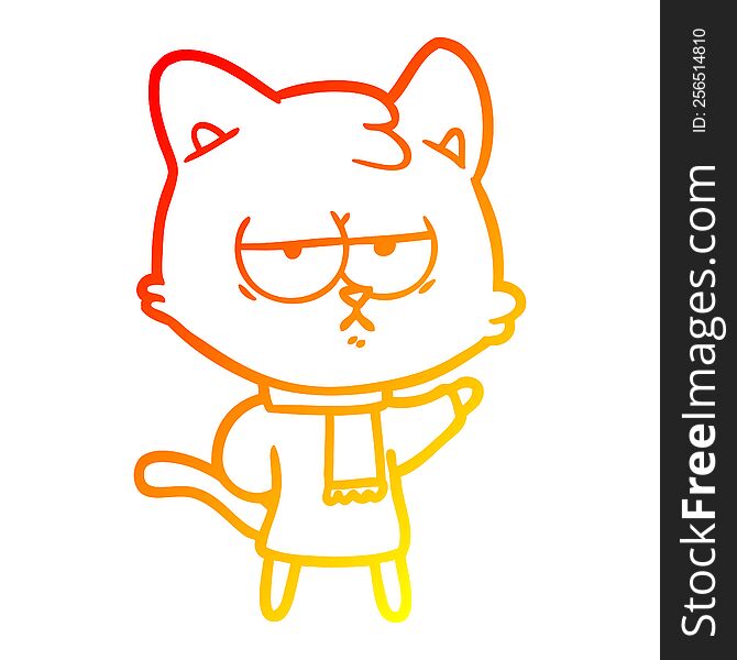 warm gradient line drawing of a bored cartoon cat in winter clothes