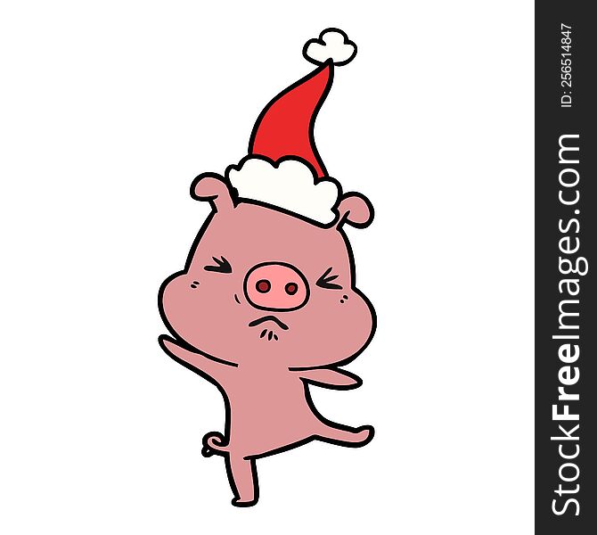hand drawn line drawing of a furious pig wearing santa hat