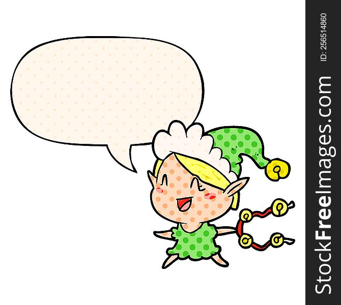 Cartoon Happy Christmas Elf And Speech Bubble In Comic Book Style