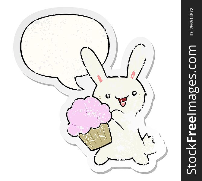 Cute Cartoon Rabbit And Muffin And Speech Bubble Distressed Sticker