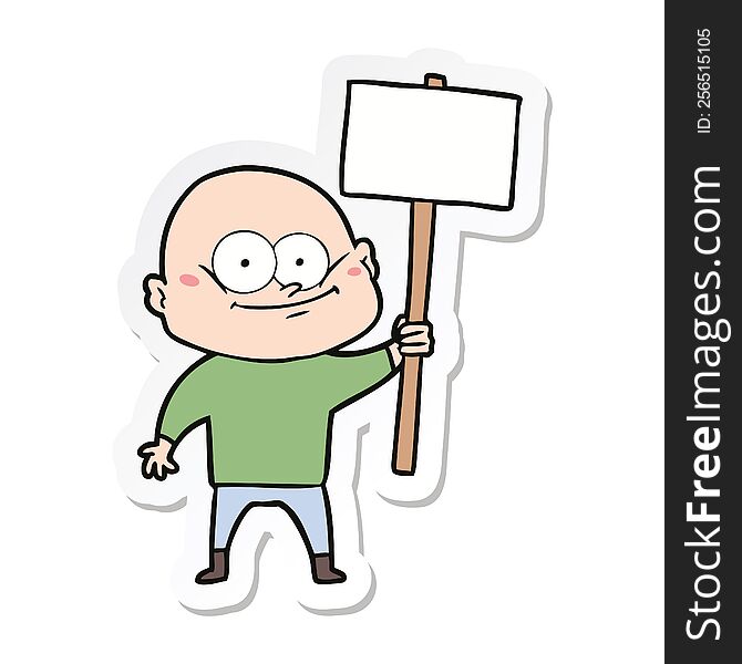 sticker of a cartoon bald man staring with sign