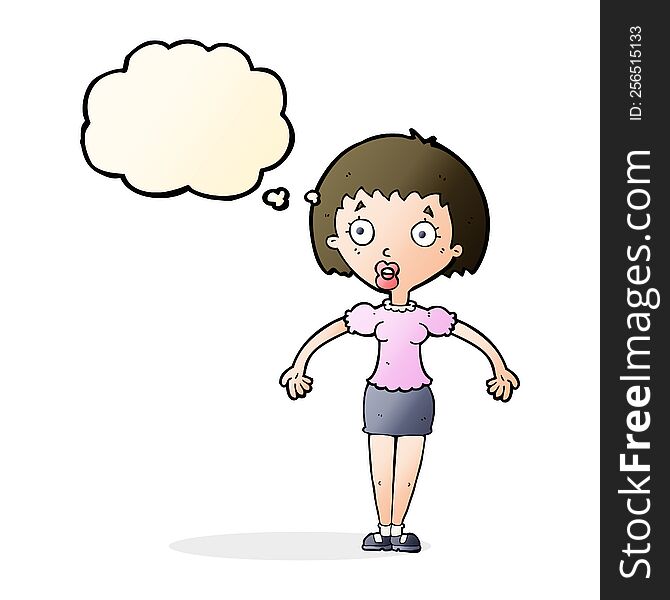 Cartoon Confused Woman Shrugging Shoulders With Thought Bubble