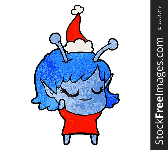 Smiling Alien Girl Textured Cartoon Of A Wearing Santa Hat