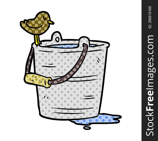cartoon bird looking into bucket of water. cartoon bird looking into bucket of water