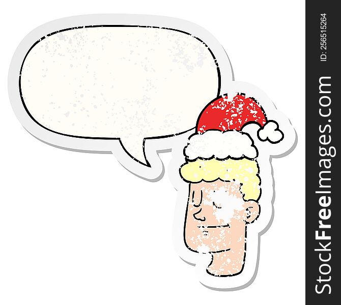 Cartoon Man Wearing Christmas Hat And Speech Bubble Distressed Sticker