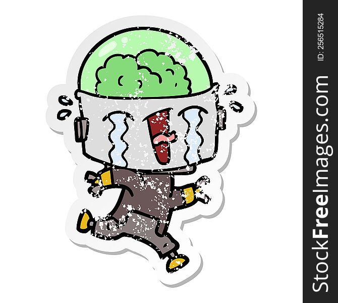 Distressed Sticker Of A Cartoon Crying Robot Running