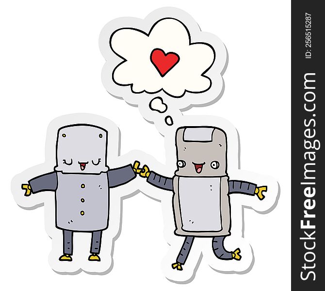 Cartoon Robots In Love And Thought Bubble As A Printed Sticker