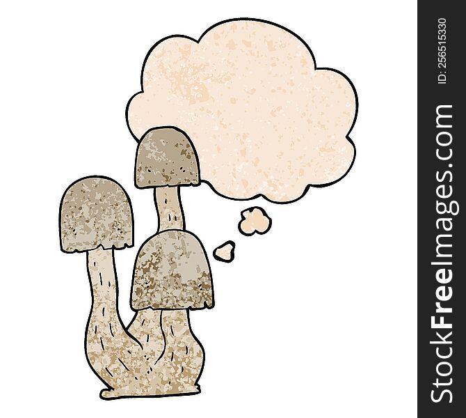 Cartoon Mushroom And Thought Bubble In Grunge Texture Pattern Style