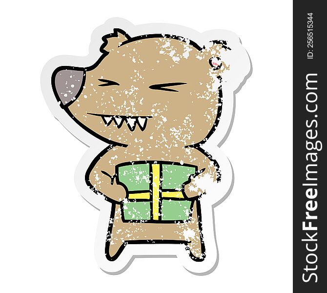 Distressed Sticker Of A Angry Bear Cartoon With Gift