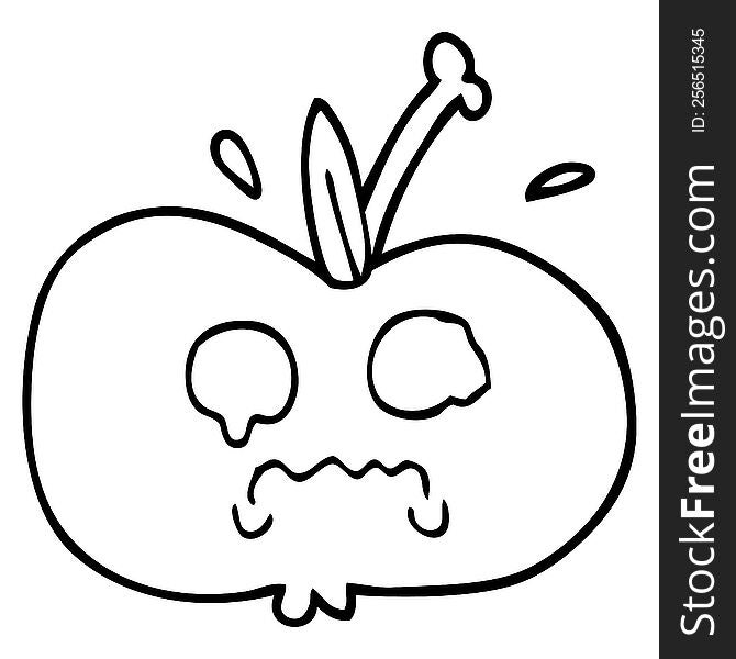 black and white cartoon of a sad apple