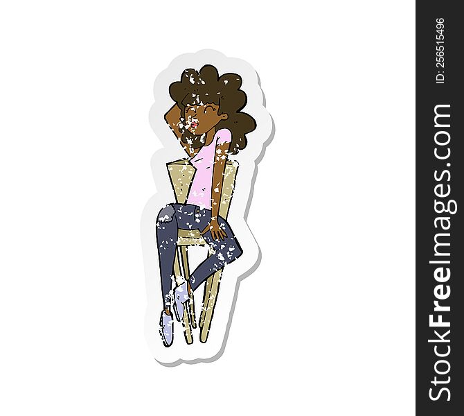 retro distressed sticker of a cartoon woman posing on chair