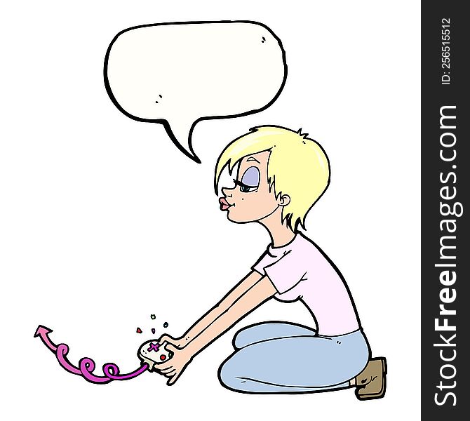 cartoon girl playing computer games with speech bubble