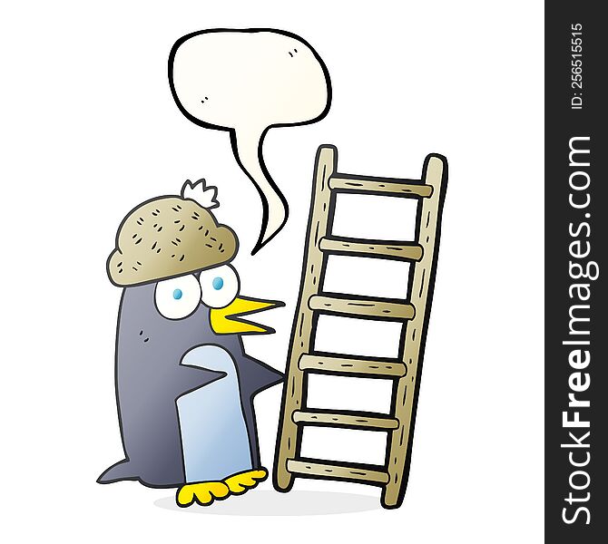 freehand drawn speech bubble cartoon penguin with ladder