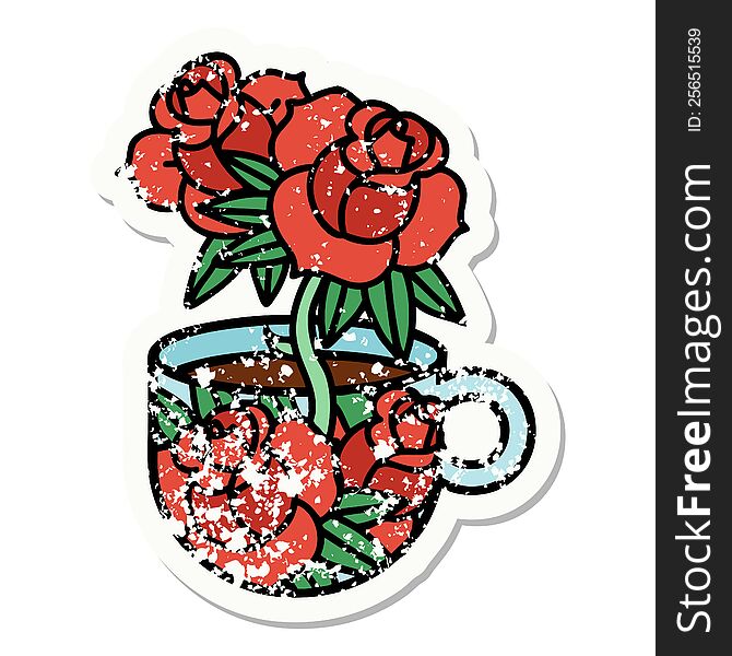 distressed sticker tattoo in traditional style of a cup and flowers. distressed sticker tattoo in traditional style of a cup and flowers