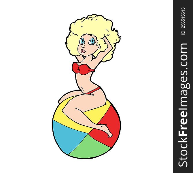 Cartoon Pin Up Girl Sitting On Ball