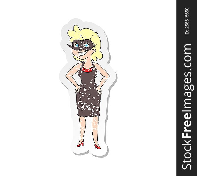 Retro Distressed Sticker Of A Cartoon Woman Wearing Mask