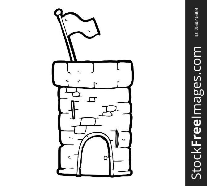 freehand drawn black and white cartoon old castle tower