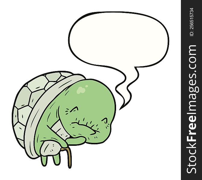 cute cartoon old turtle with walking stick with speech bubble. cute cartoon old turtle with walking stick with speech bubble