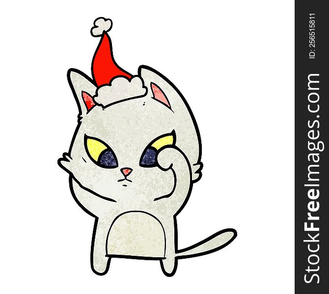 confused hand drawn textured cartoon of a cat wearing santa hat. confused hand drawn textured cartoon of a cat wearing santa hat