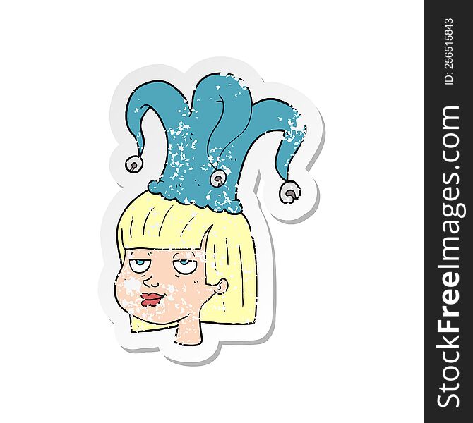retro distressed sticker of a cartoon woman wearing jester hat