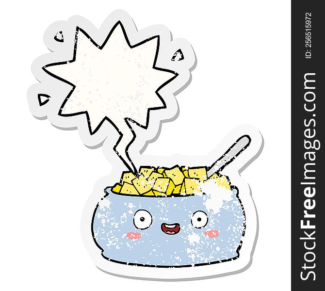 Cute Cartoon Bowl Of Sugar And Speech Bubble Distressed Sticker
