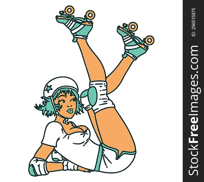 Tattoo Style Icon Of A Pinup Roller Derby Girl