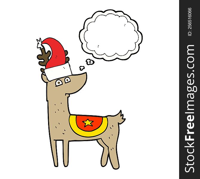 freehand drawn thought bubble cartoon reindeer wearing christmas hat
