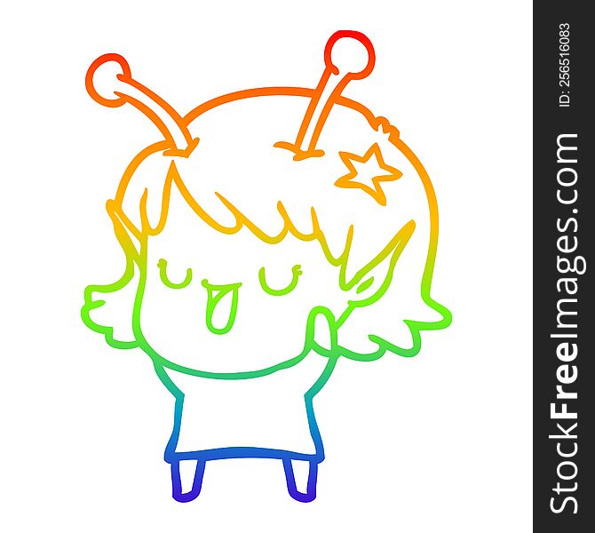 Rainbow Gradient Line Drawing Happy Alien Girl Cartoon Laughing