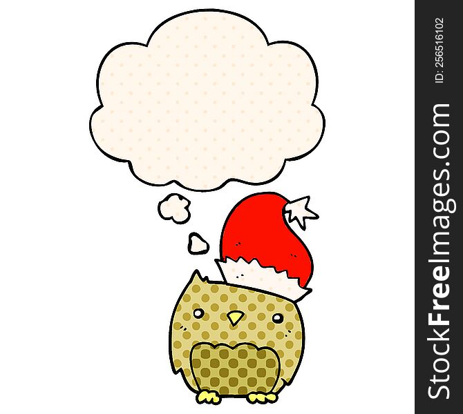 Cute Christmas Owl And Thought Bubble In Comic Book Style