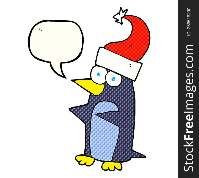 freehand drawn comic book speech bubble cartoon christmas penguin