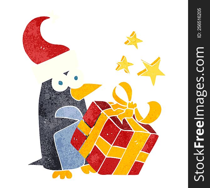 Retro Cartoon Christmas Penguin With Present