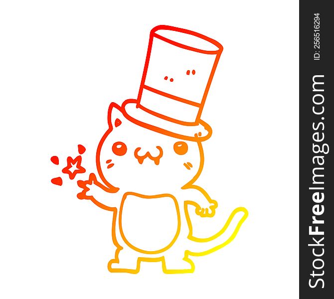 Warm Gradient Line Drawing Cartoon Cat Wearing Top Hat