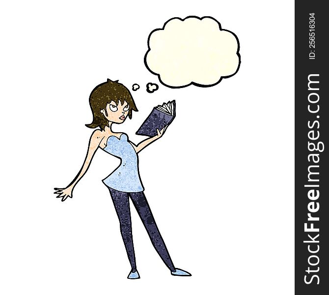 cartoon woman reading book with thought bubble