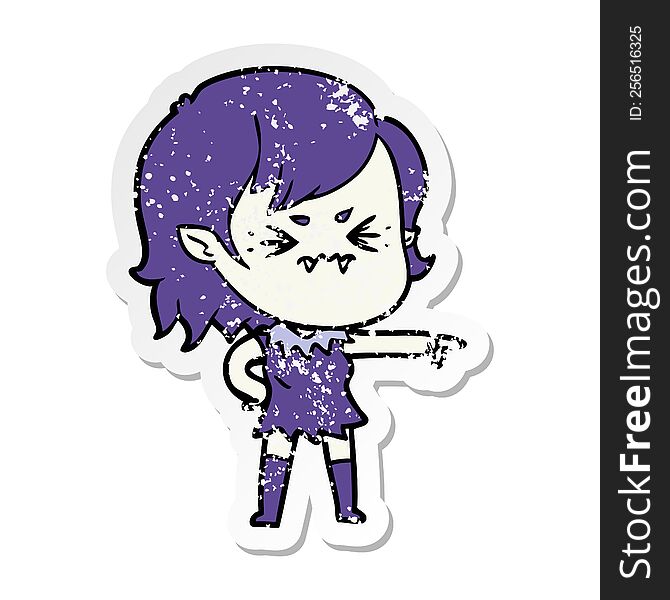 Distressed Sticker Of A Annoyed Cartoon Vampire Girl