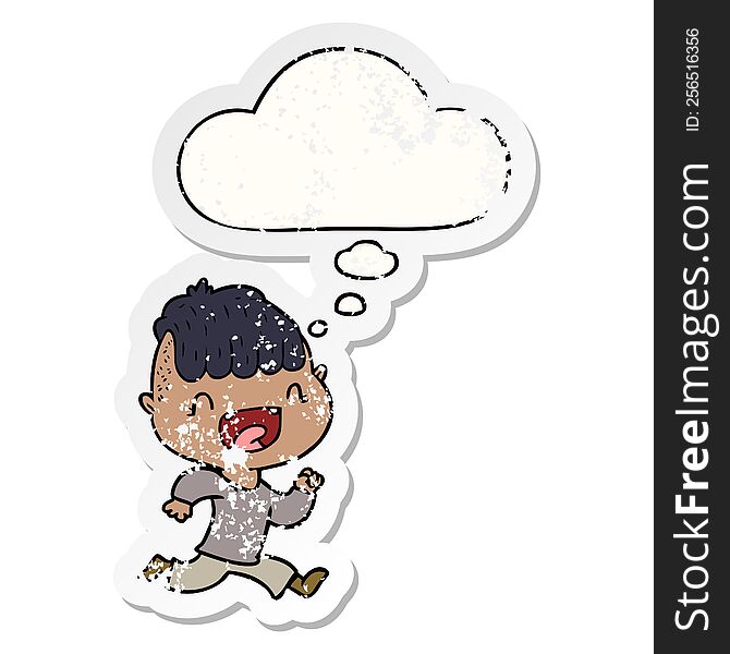 cartoon happy boy laughing and running away with thought bubble as a distressed worn sticker