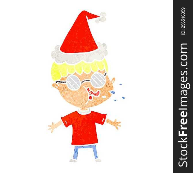 Retro Cartoon Of A Boy Wearing Spectacles Wearing Santa Hat