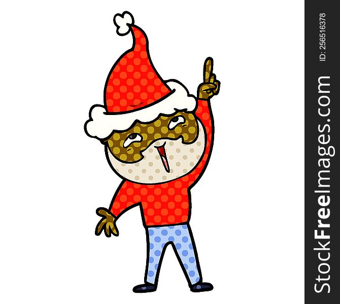 Comic Book Style Illustration Of A Happy Bearded Man Wearing Santa Hat