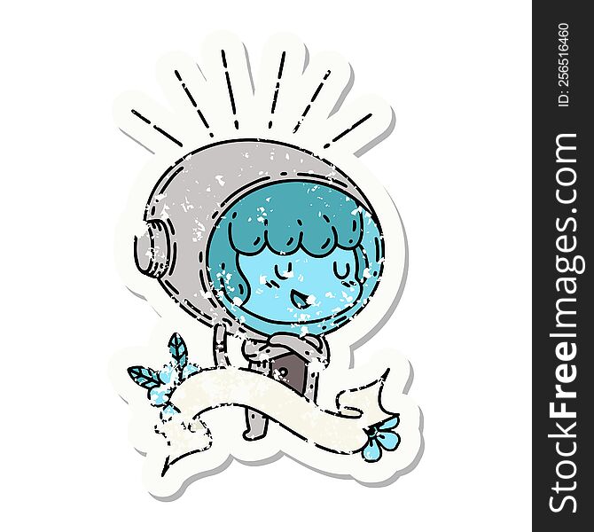 grunge sticker of tattoo style woman in astronaut suit