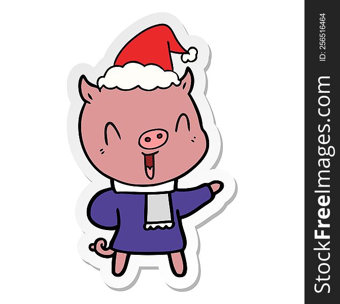 Happy Sticker Cartoon Of A Pig In Winter Clothes Wearing Santa Hat