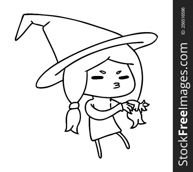 Line Drawing Of A Cute Witch Kawaii Girl