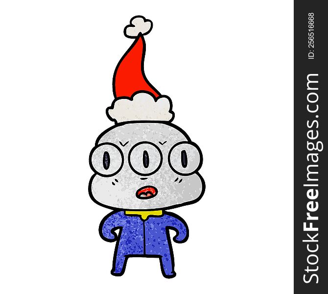 Textured Cartoon Of A Three Eyed Alien Wearing Santa Hat