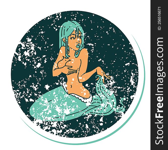 Distressed Sticker Tattoo Style Icon Of A Surprised Mermaid