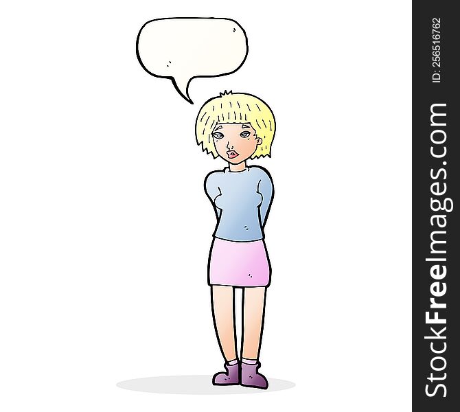 cartoon shy woman with speech bubble