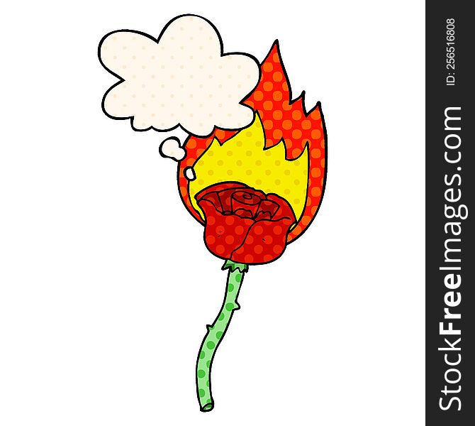 Cartoon Flaming Rose And Thought Bubble In Comic Book Style