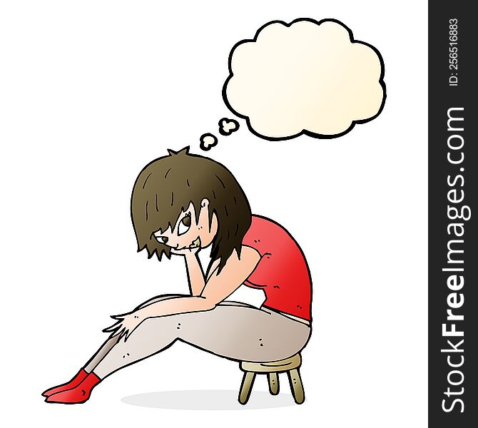 cartoon woman sitting on small stool with thought bubble