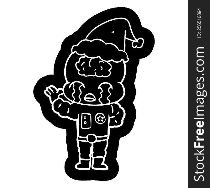 Cartoon Icon Of A Big Brain Alien Crying Wearing Santa Hat