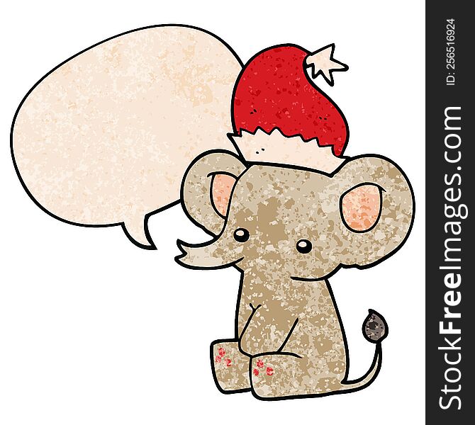 Cute Christmas Elephant And Speech Bubble In Retro Texture Style