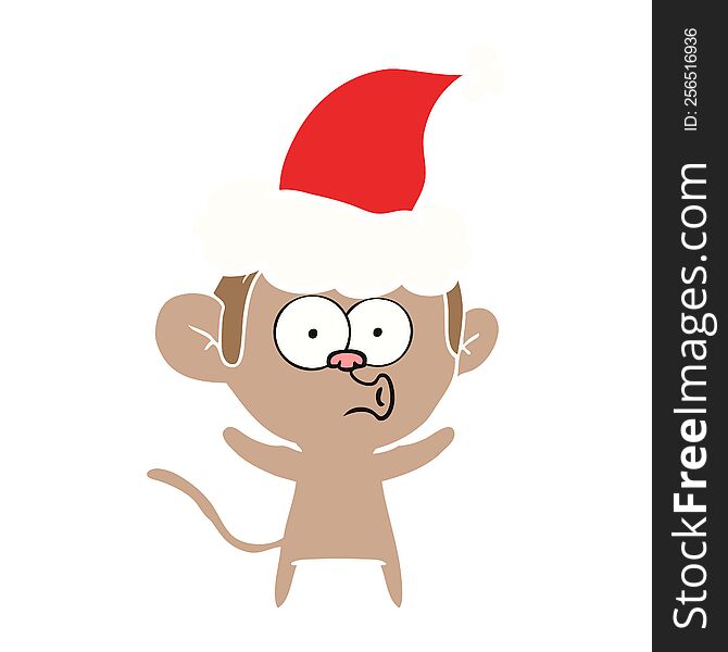 hand drawn flat color illustration of a surprised monkey wearing santa hat