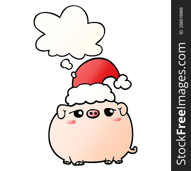 Cartoon Pig Wearing Christmas Hat And Thought Bubble In Smooth Gradient Style
