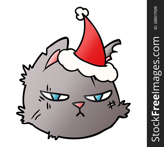 hand drawn gradient cartoon of a tough cat face wearing santa hat